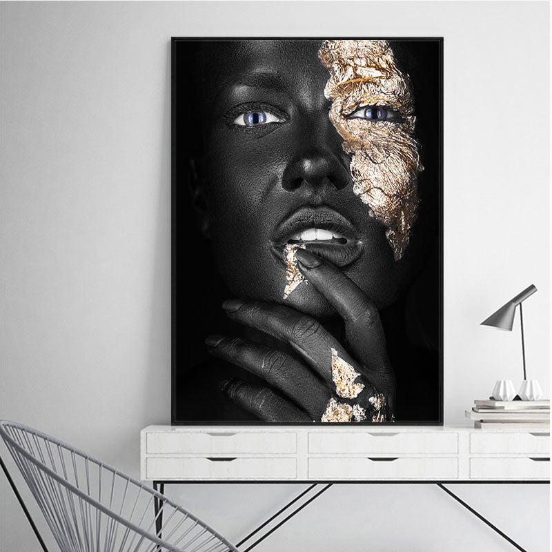 Living Room Wall Art- Black & Gold Woman. Painting Photo Canvas Print. WickedYo
